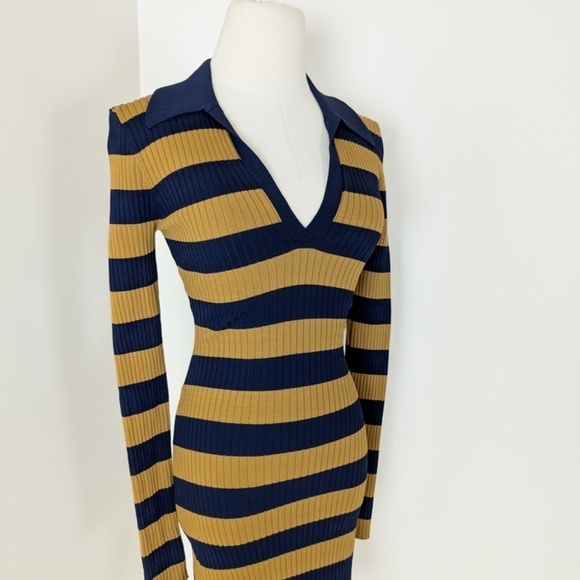 Striped Ribbed Mini Dress Long Sleeve 70’s Style Twik Soft Bodycon Tight Fitted - Picture 5 of 14